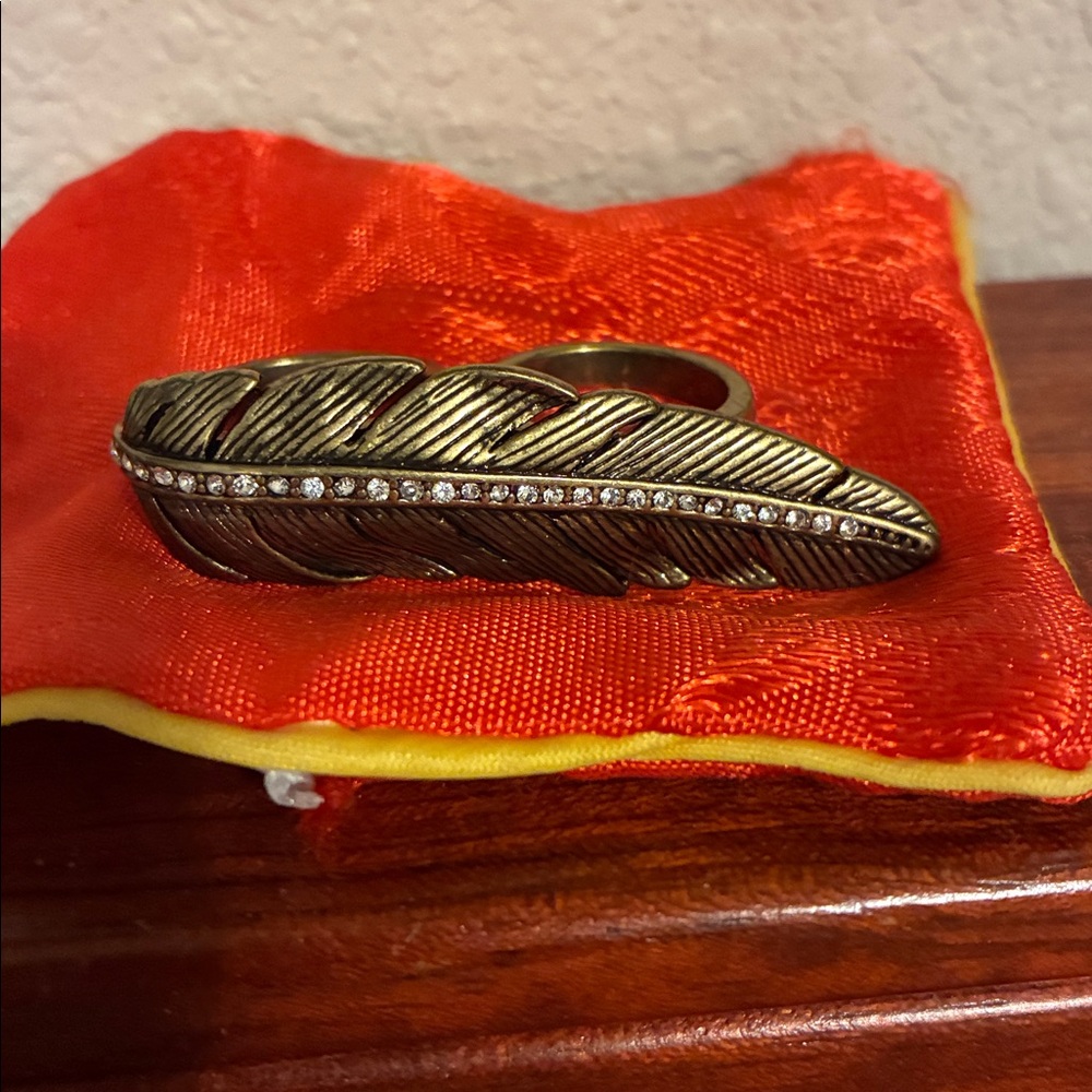 Fossil Feather Ring with Rhinestones